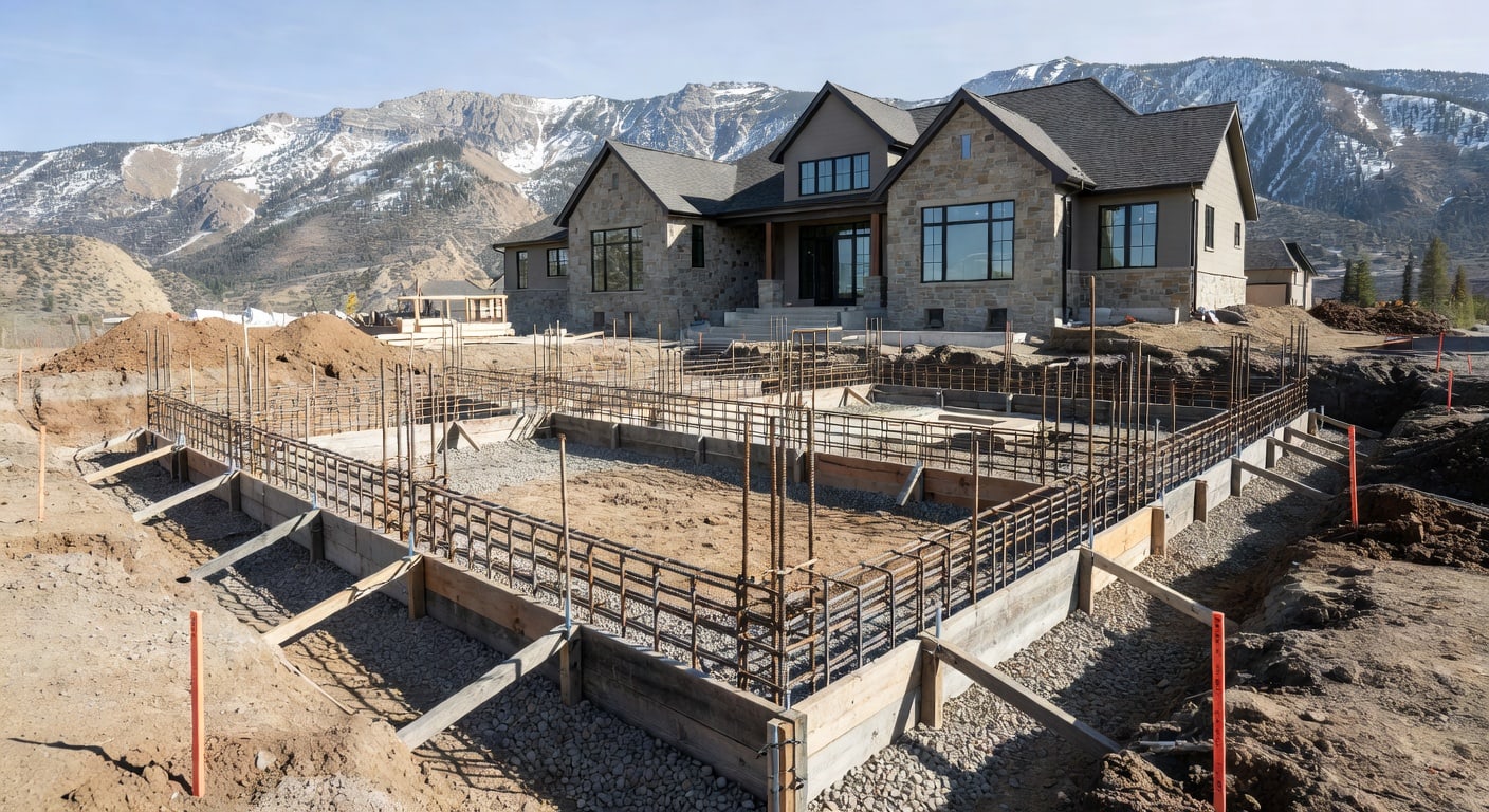 Concrete foundation forms and rebar beside an upscale Northern Utah home