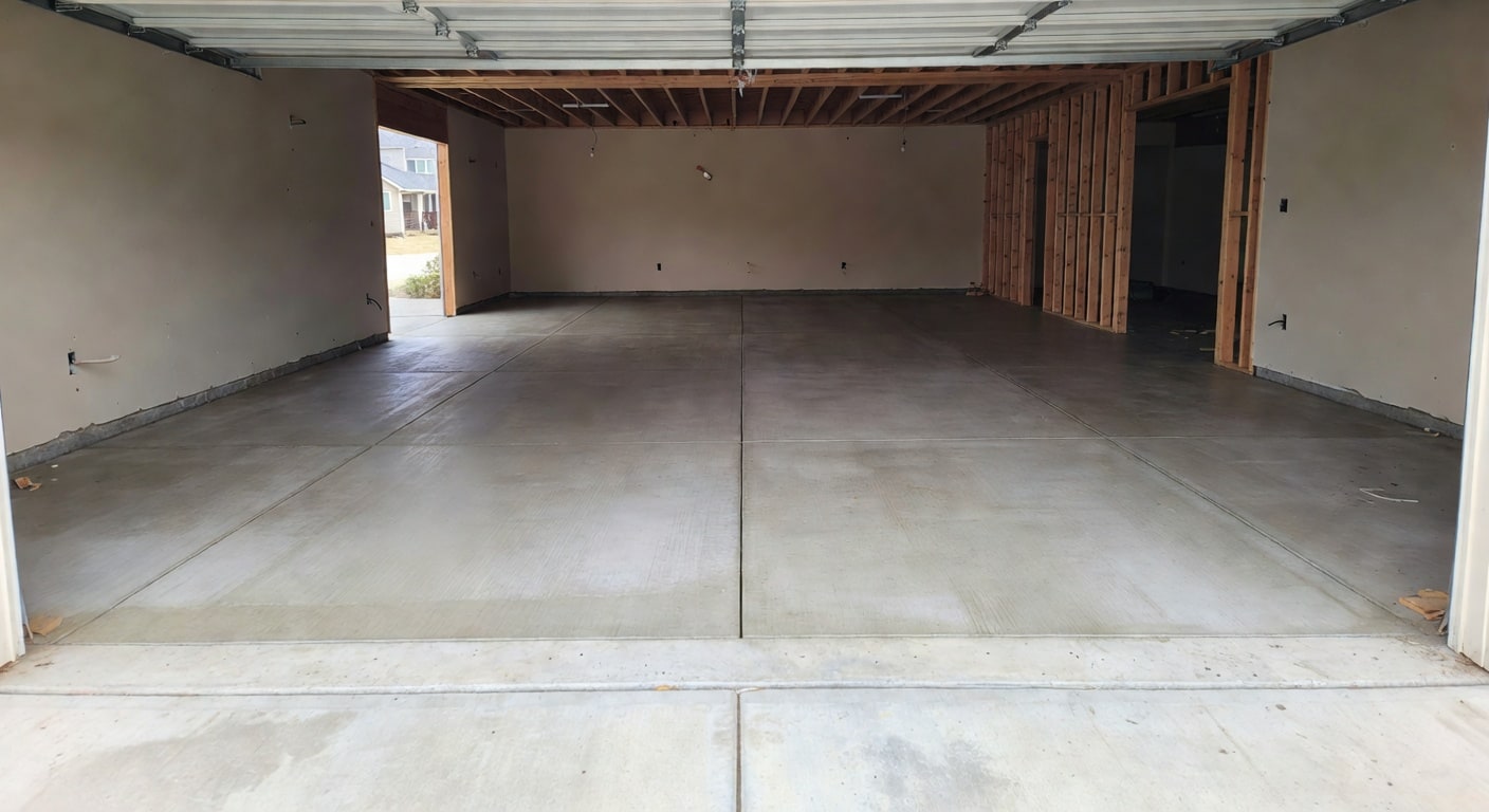 Fresh concrete slab inside a residential garage with driveway access