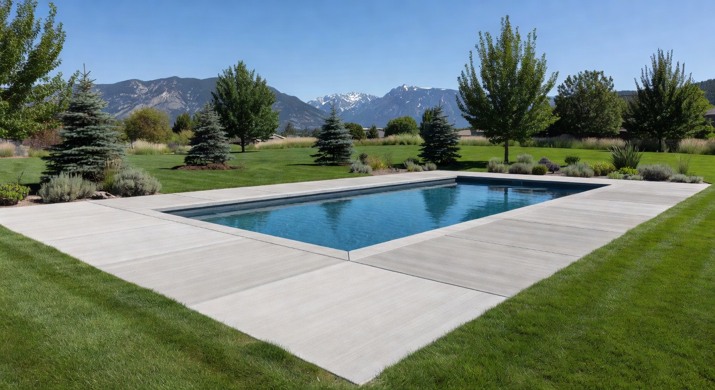 Concrete pool deck in a Northern Utah backyard