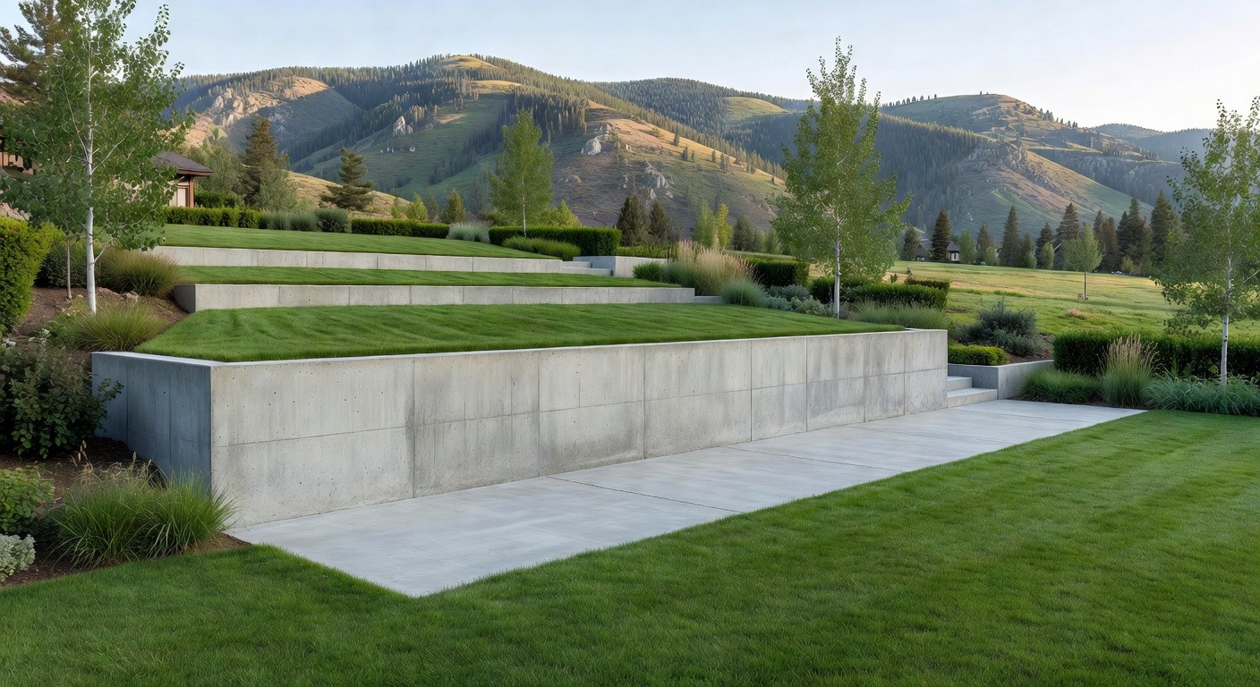 Concrete retaining wall in a Northern Utah backyard