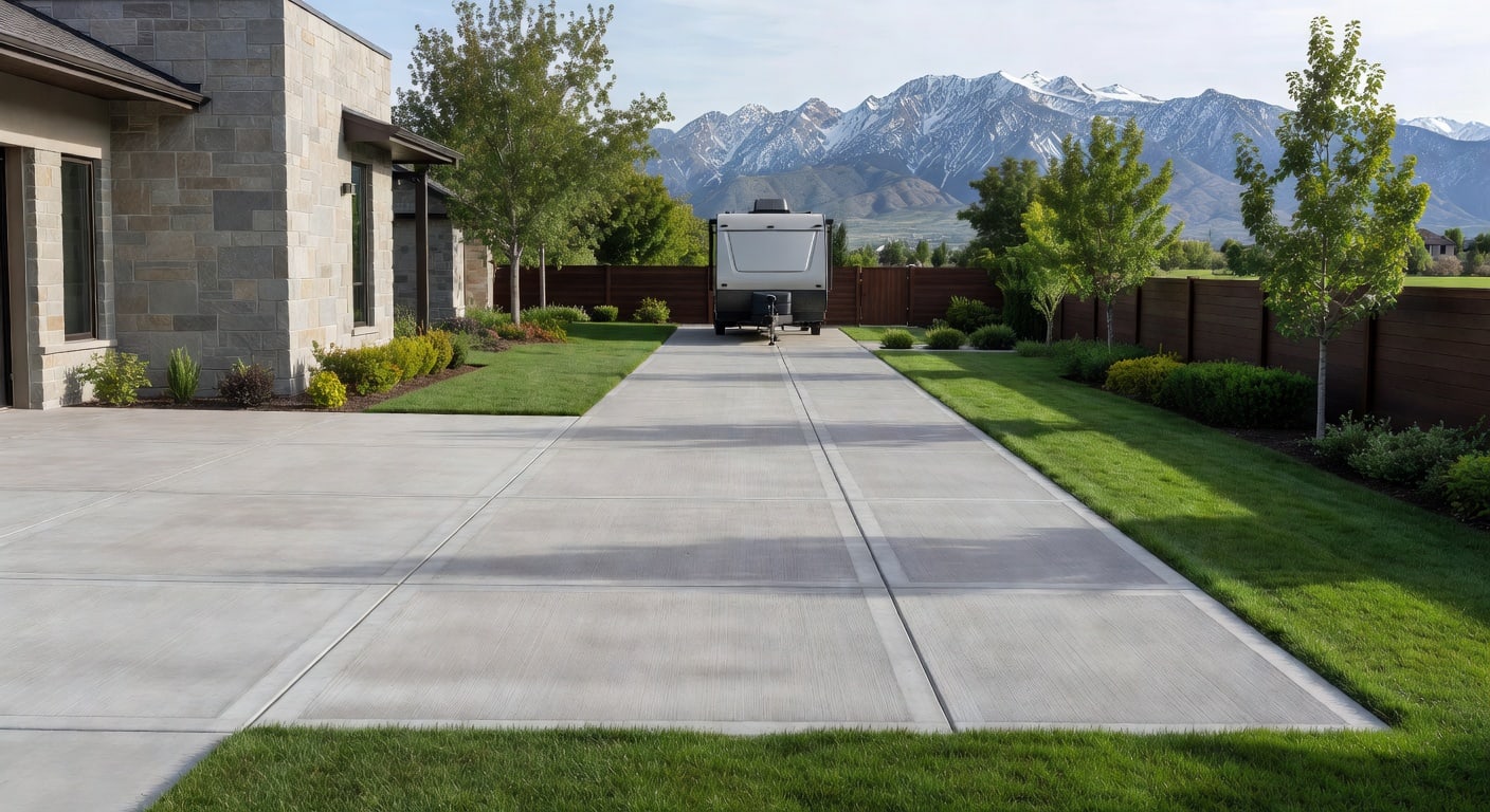 Long side-yard concrete RV parking pad beside an upscale Northern Utah home