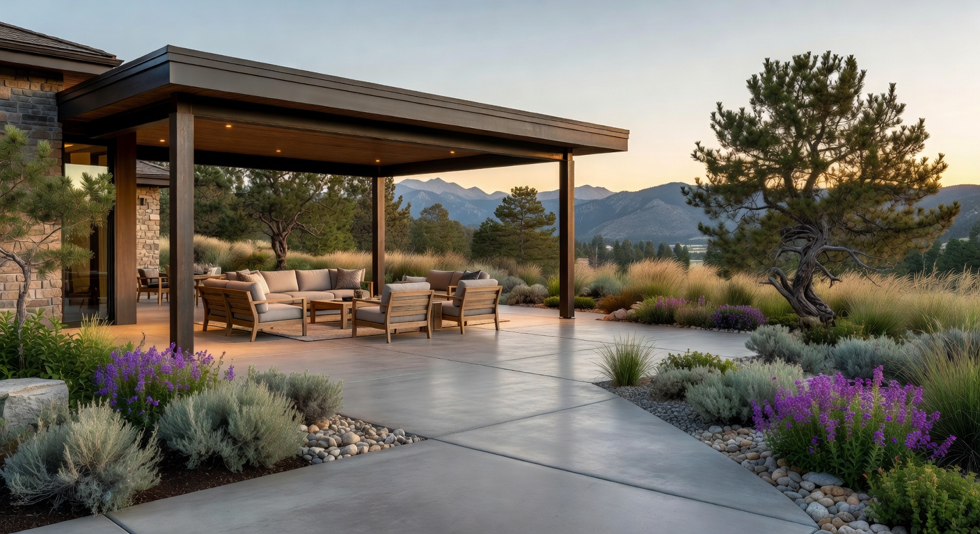 Upscale Northern Utah backyard with a modern concrete patio