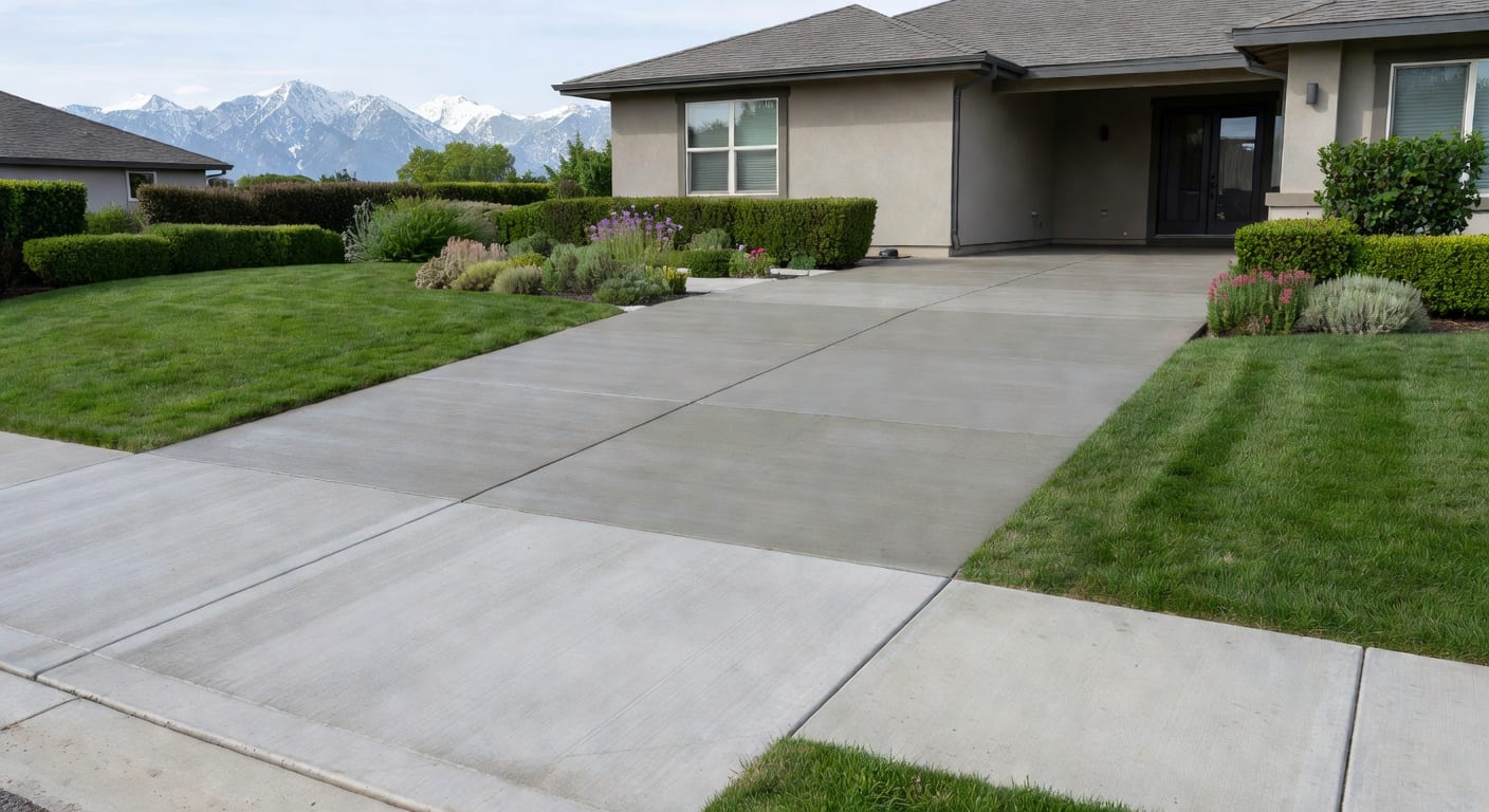 Fresh concrete driveway and front walk at a Clinton Utah home