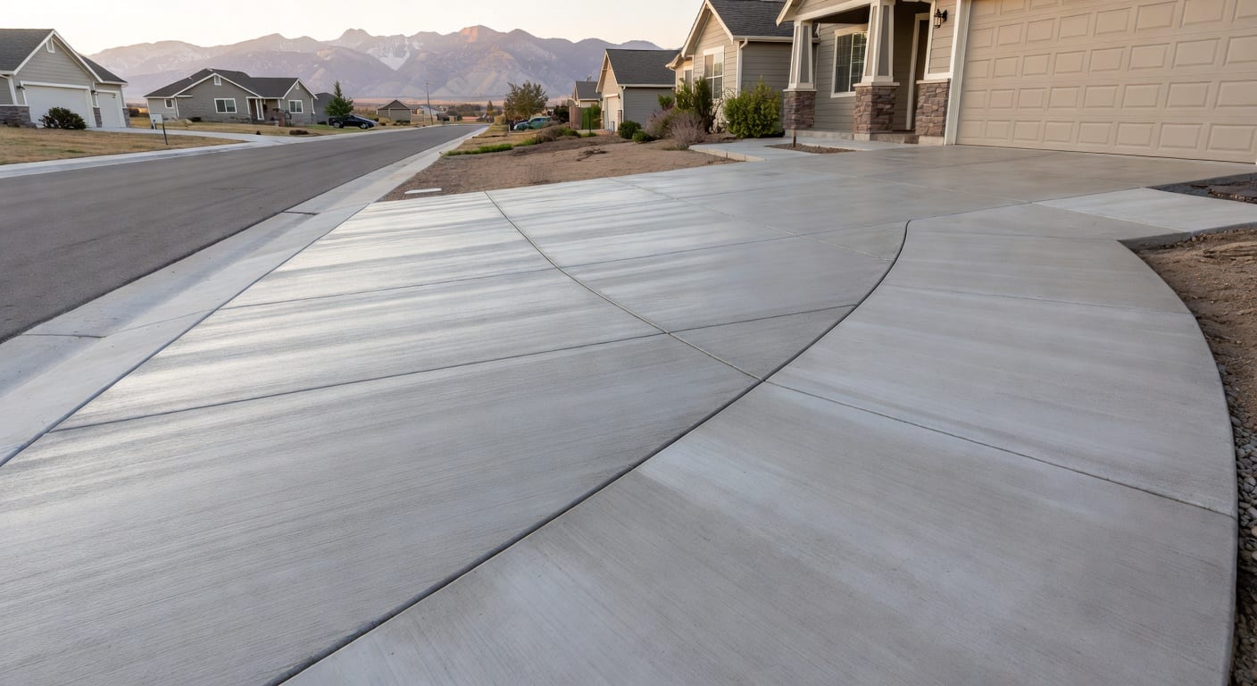 Fresh concrete driveway and sidewalk in Sunset Utah